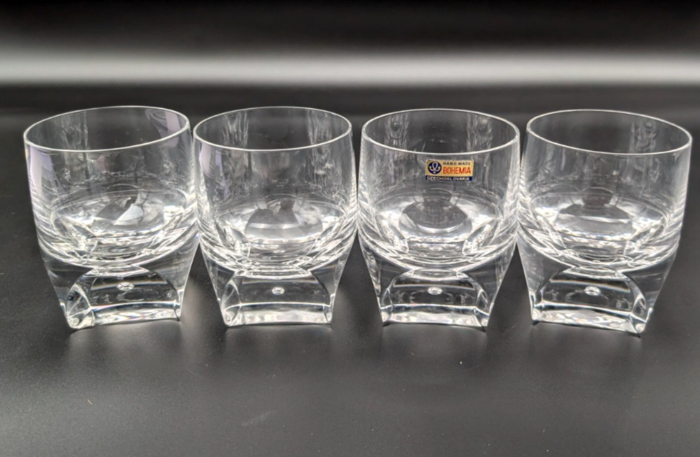 4 Bohemia Old Fashioned Heavy Bottom Cut Panels Air Bubble Glasses Lowball 8oz
